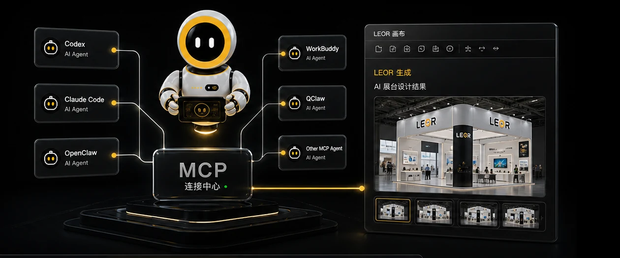 Codex、Claude Code、OpenClaw、WorkBuddy、QClaw 等 Agent 通过 MCP 连接 LEOR 生成展台设计结果