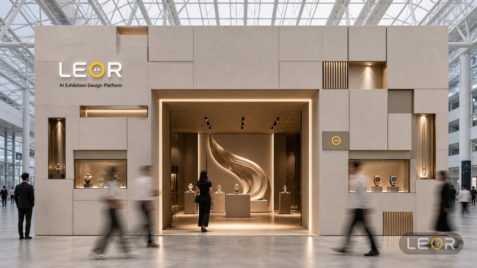 美博会/美妆个护展 12m x 8m = 96㎡ 高级艺术策展风 AI展台设计效果图