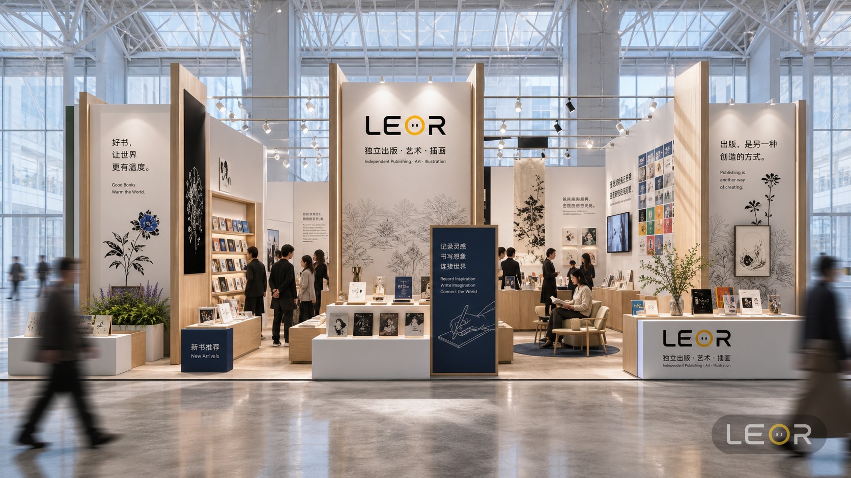 广告传媒/文创办公展 12m x 8m = 96㎡ 高级艺术策展风 AI展台设计效果图
