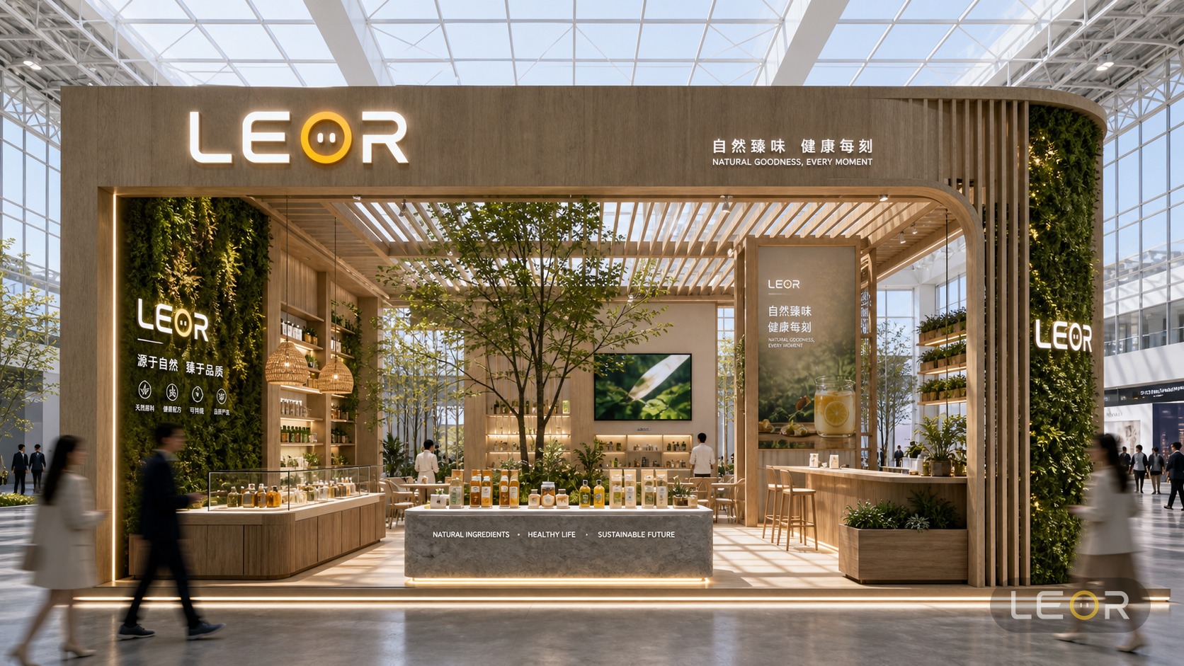 建材/家居/空间设计展 12m x 8m = 96㎡ 生态自然风 AI展台设计效果图