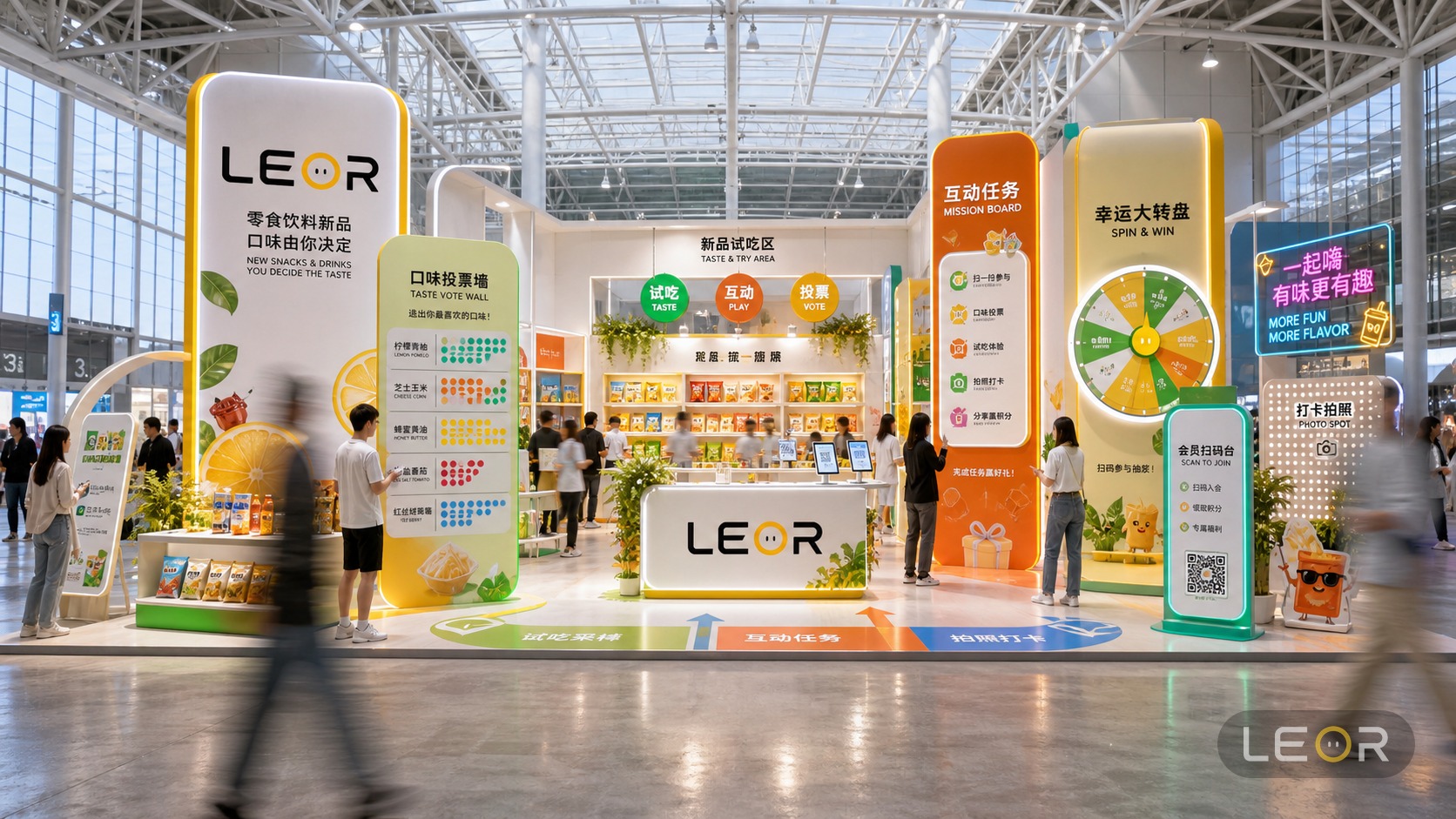 食品饮料/餐饮展 12m x 8m = 96㎡ 现代简约 AI展台设计效果图