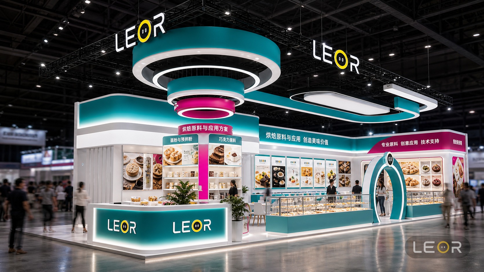 食品原料展 12m x 8m = 96㎡ 参与式品牌活力风 AI展台设计效果图