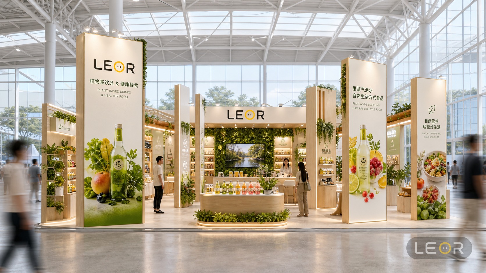 食品饮料/餐饮展 6m x 6m = 36㎡ 生态自然风 AI展台设计效果图