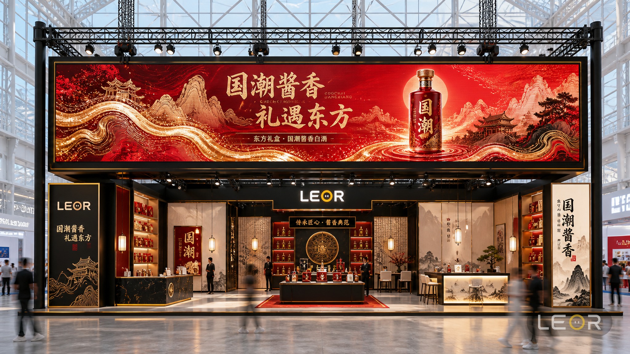 食品饮料/餐饮展 18m x 8m = 144㎡ 国潮风 AI展台设计效果图