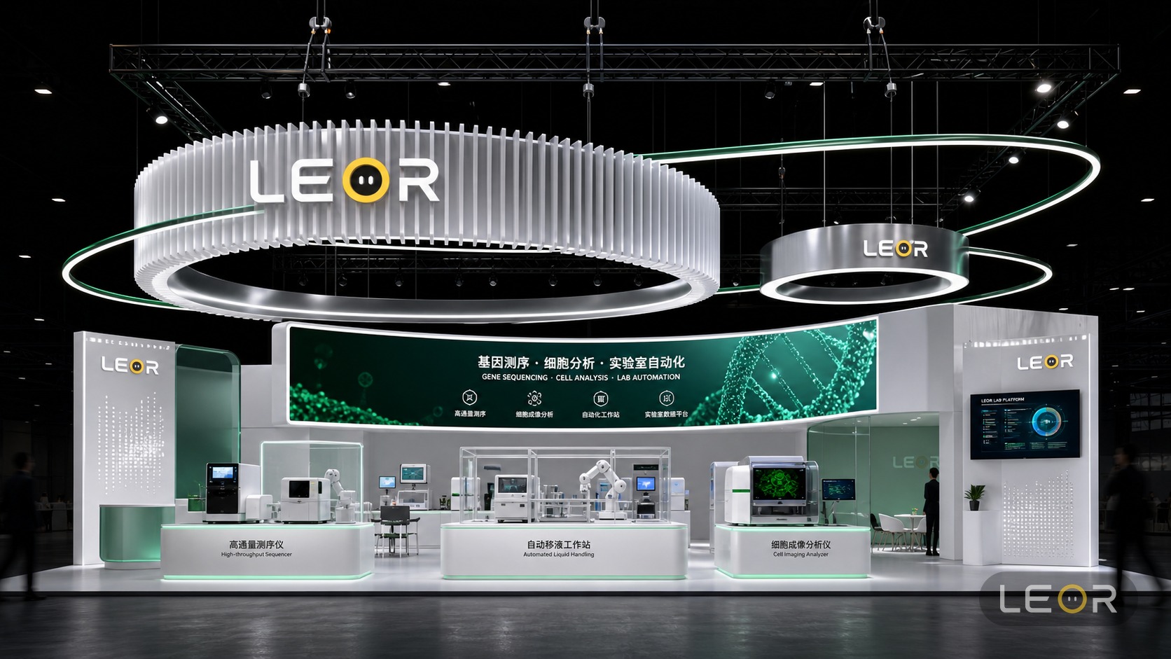 医疗器械/大健康展 16m x 10m = 160㎡ 理性数字科技风 AI展台设计效果图
