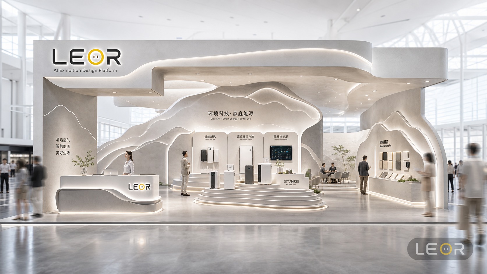 建材/家居/空间设计展 15m x 8m = 120㎡ 高级艺术策展风 AI展台设计效果图