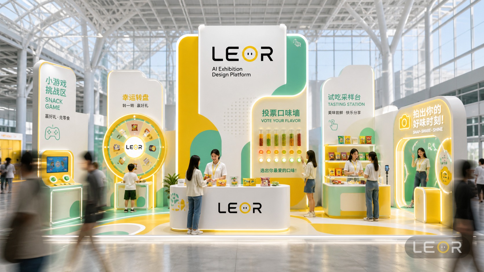 食品饮料/餐饮展 9m x 6m = 54㎡ 现代简约 AI展台设计效果图