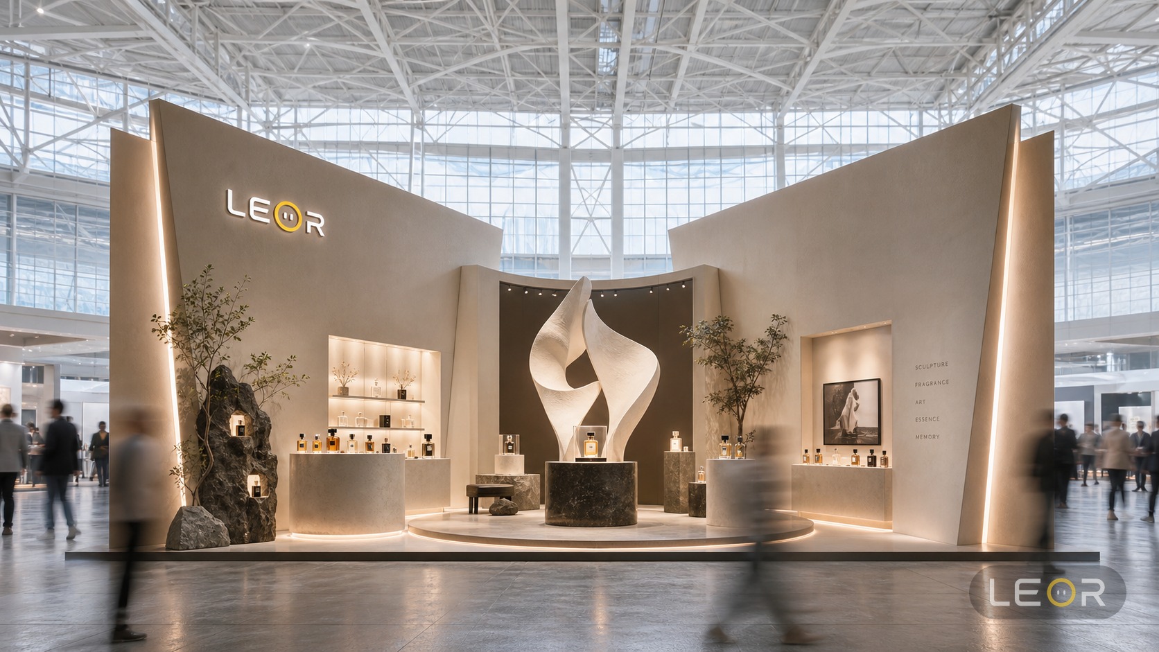 美博会/美妆个护展 12m x 8m = 96㎡ 高级艺术策展风 AI展台设计效果图