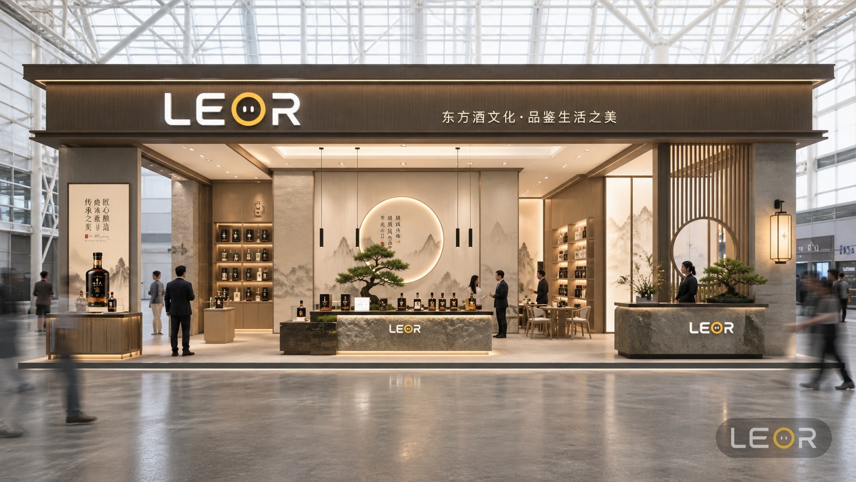 食品饮料/餐饮展 12m x 8m = 96㎡ 雅致新中式 AI展台设计效果图