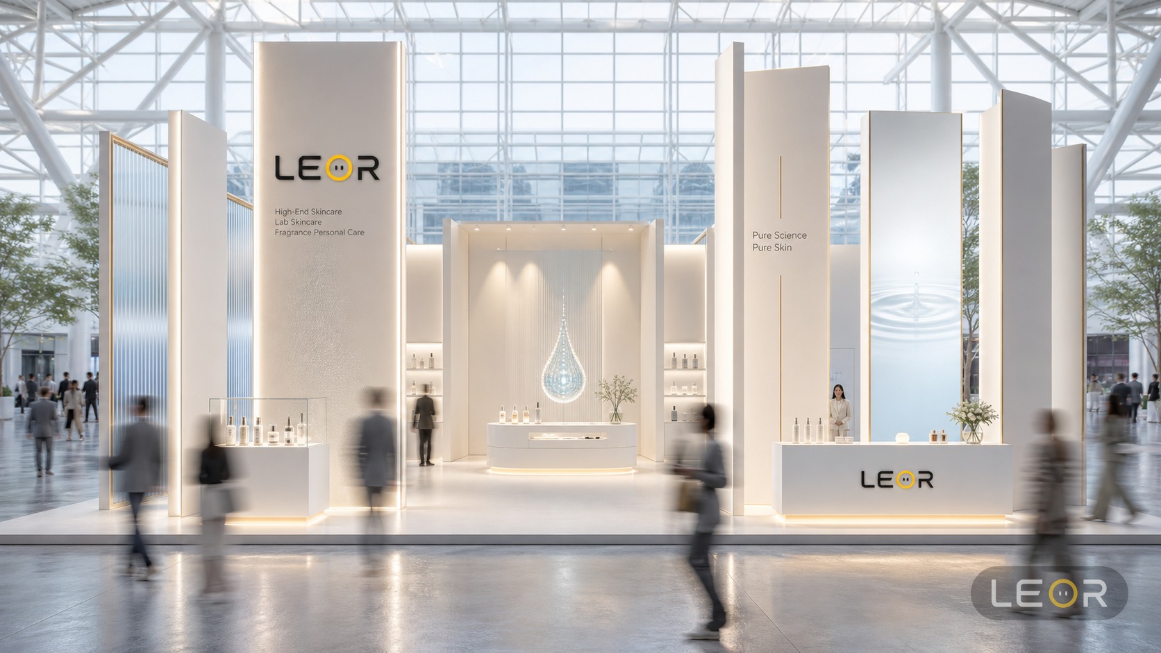 美博会/美妆个护展 12m x 8m = 96㎡ 建筑极简主义 AI展台设计效果图