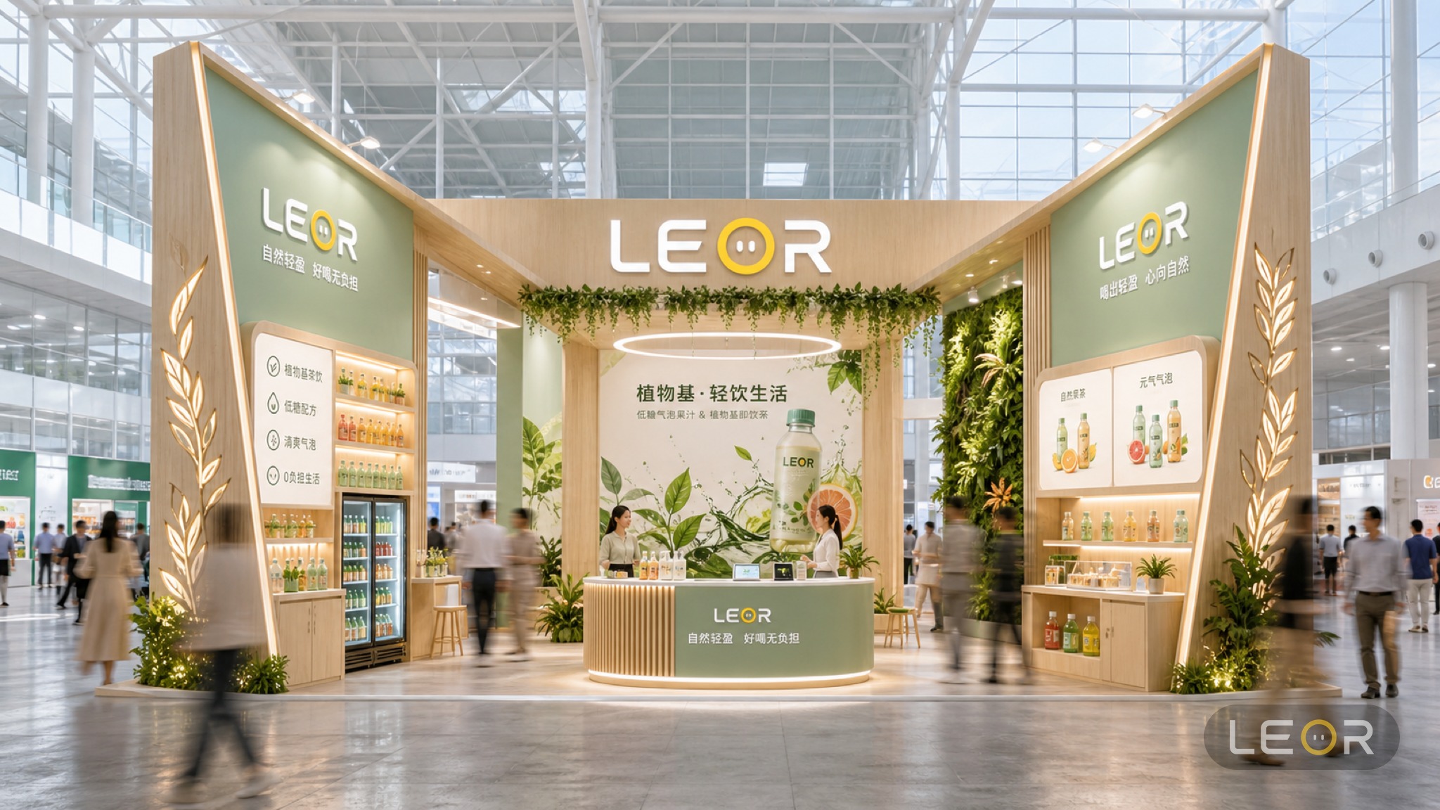 食品饮料/餐饮展 6m x 3m = 18㎡ 生态自然风 AI展台设计效果图