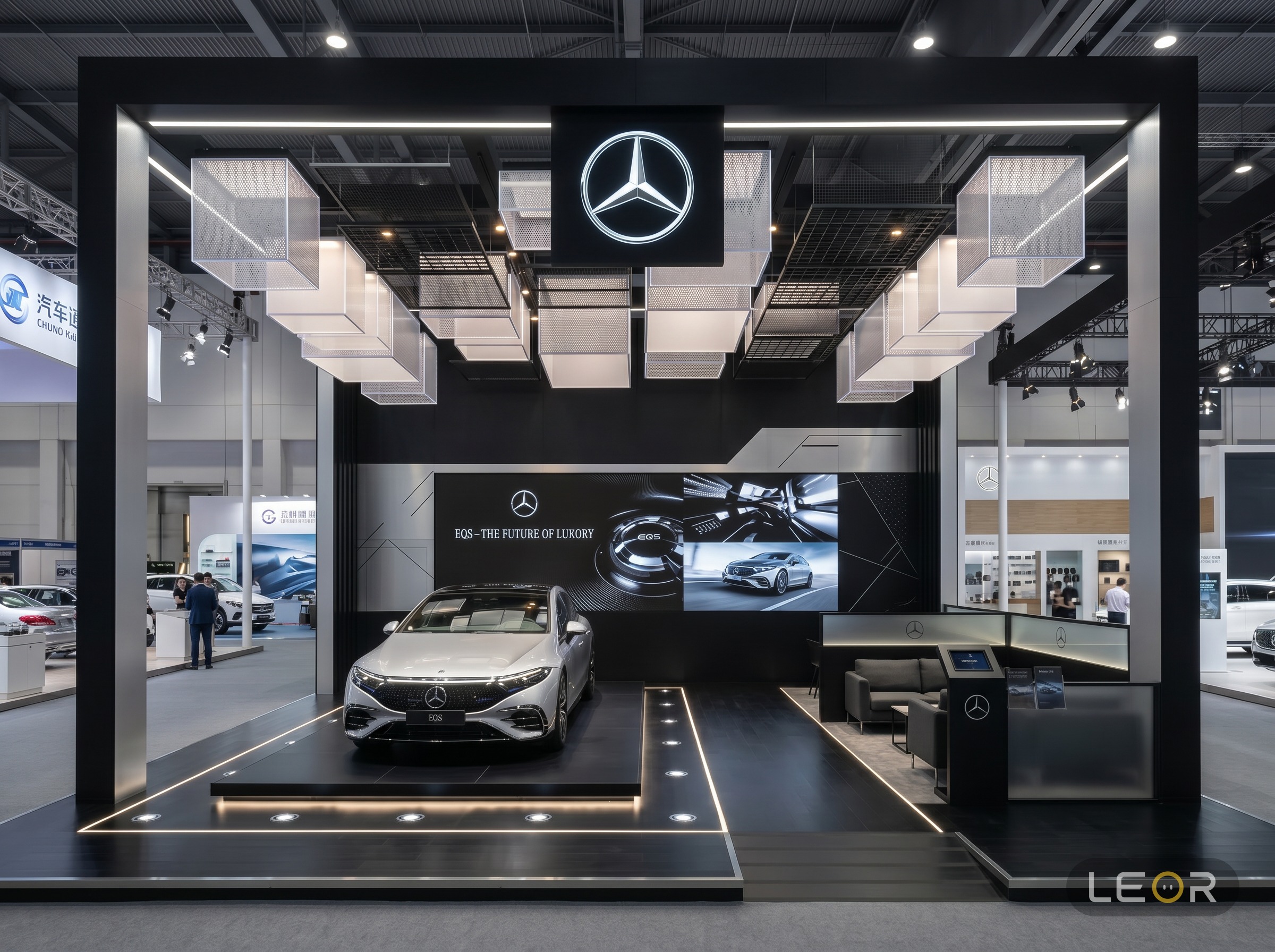 汽车/交通/低空经济展 12m x 8m = 96㎡ 理性数字科技风 AI展台设计效果图