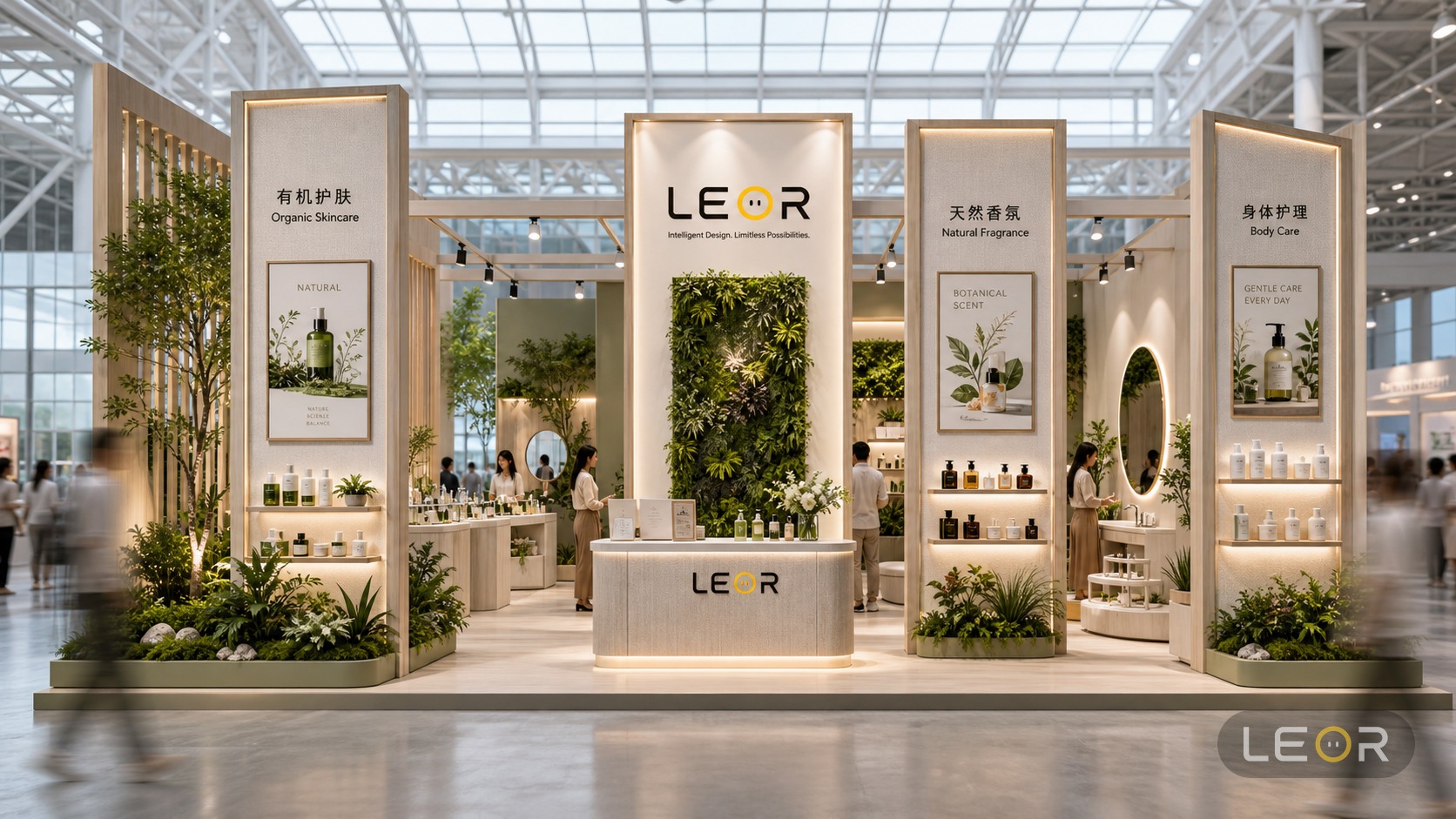美博会/美妆个护展 12m x 6m = 72㎡ 生态自然风 AI展台设计效果图