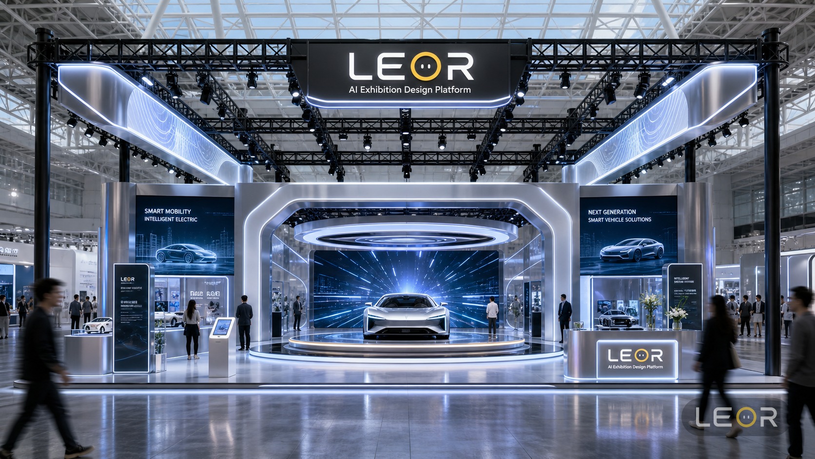 汽车/交通/低空经济展 15m x 8m = 120㎡ 理性数字科技风 AI展台设计效果图