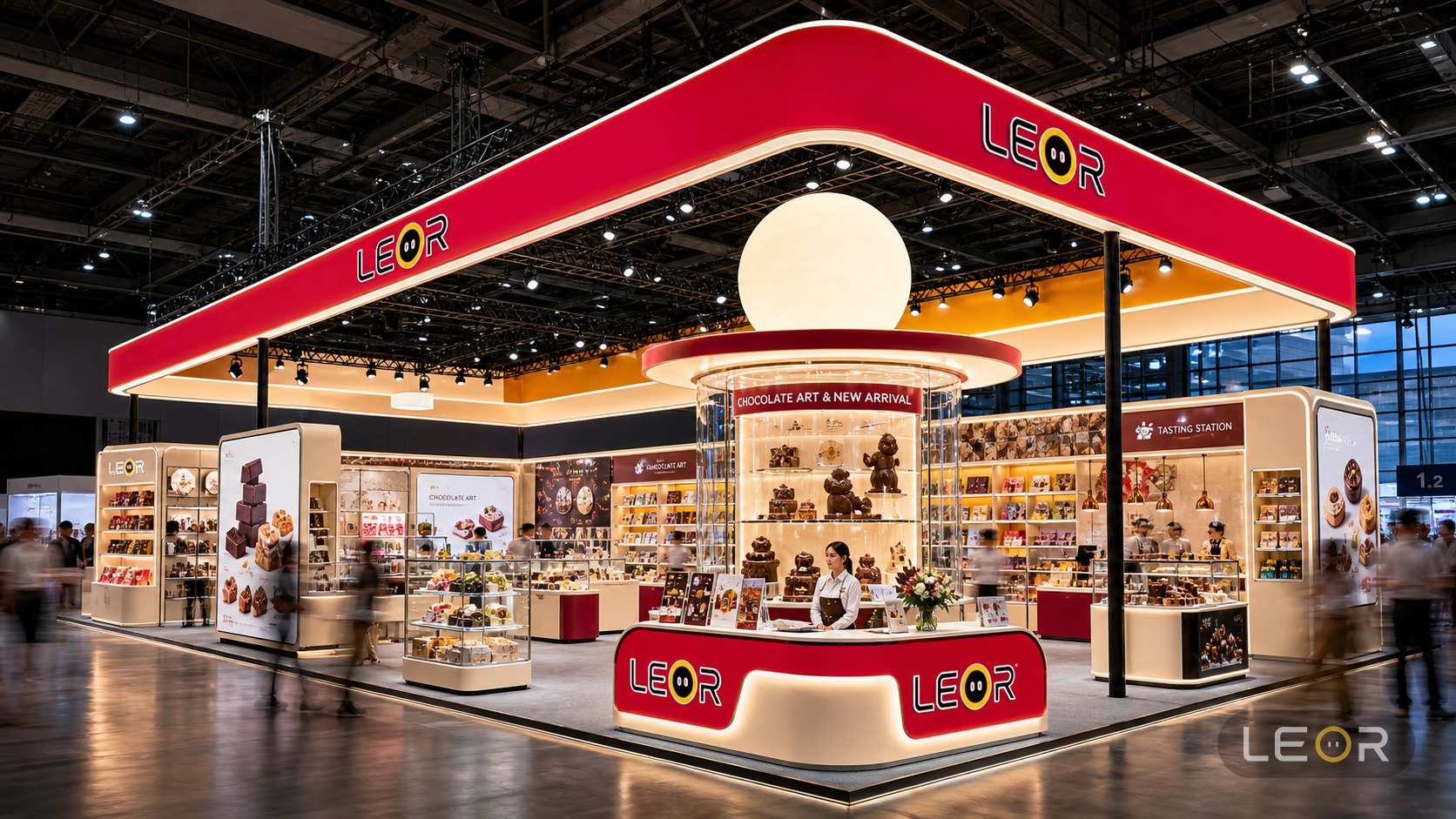 巧克力食品展 12m x 8m = 96㎡ 高对比色块风 AI展台设计效果图