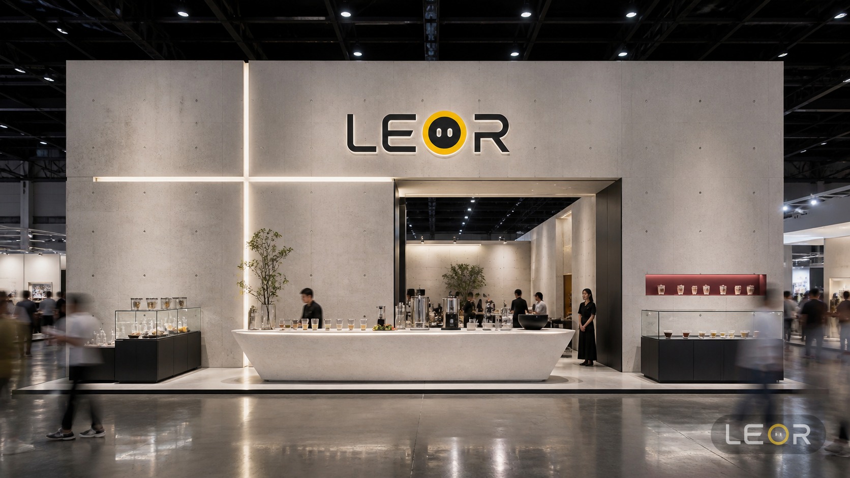 食品饮料/餐饮展 9m x 6m = 54㎡ 安藤式精神性极简 AI展台设计效果图