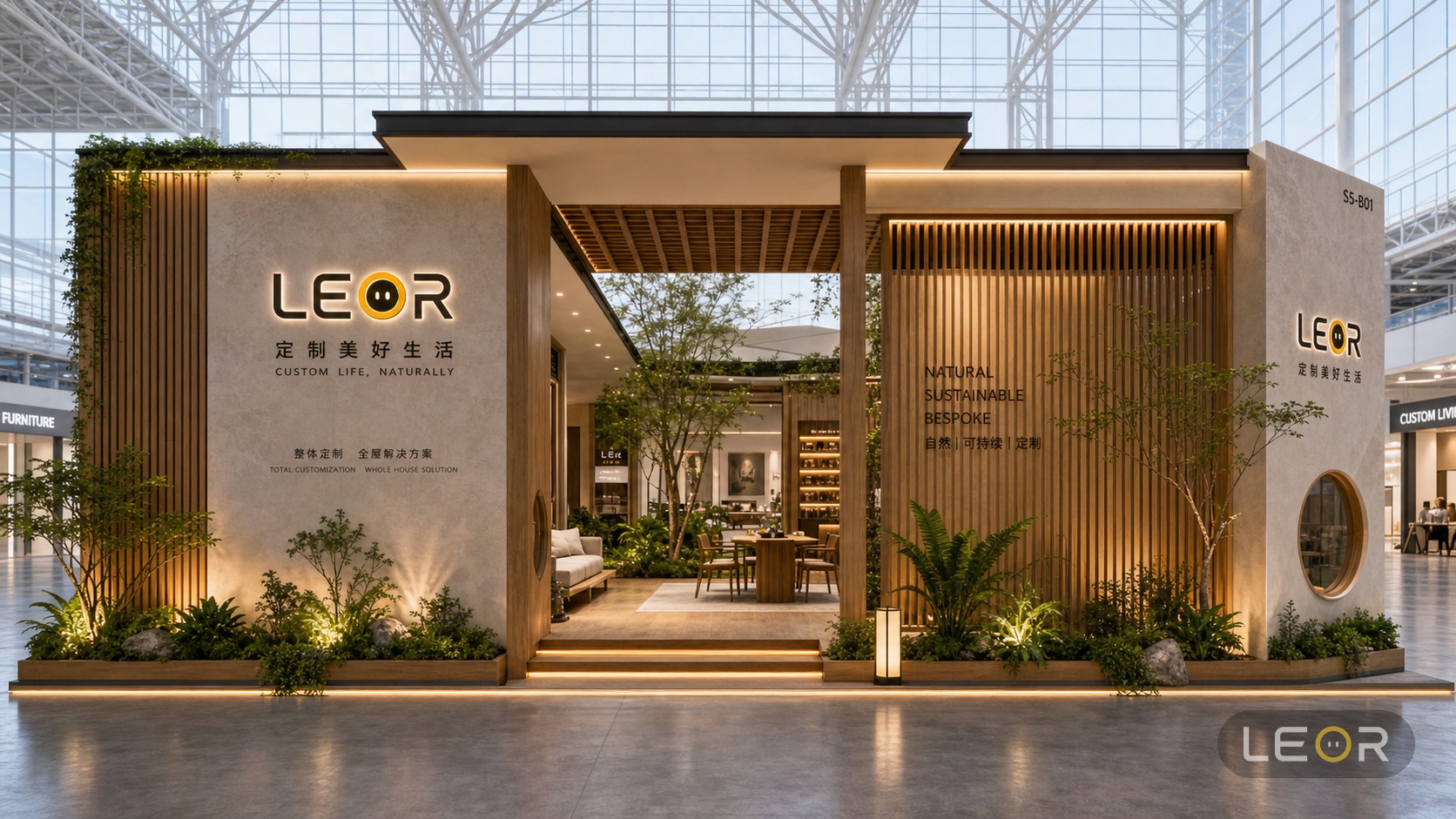建材/家居/空间设计展 12m x 8m = 96㎡ 生态自然风 AI展台设计效果图