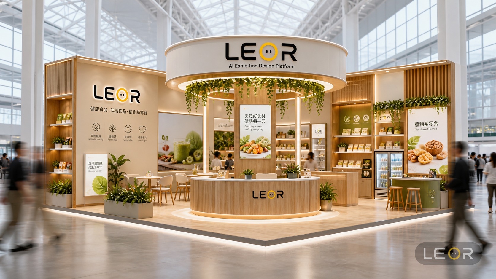 食品饮料/餐饮展 12m x 6m = 72㎡ 生态自然风 AI展台设计效果图