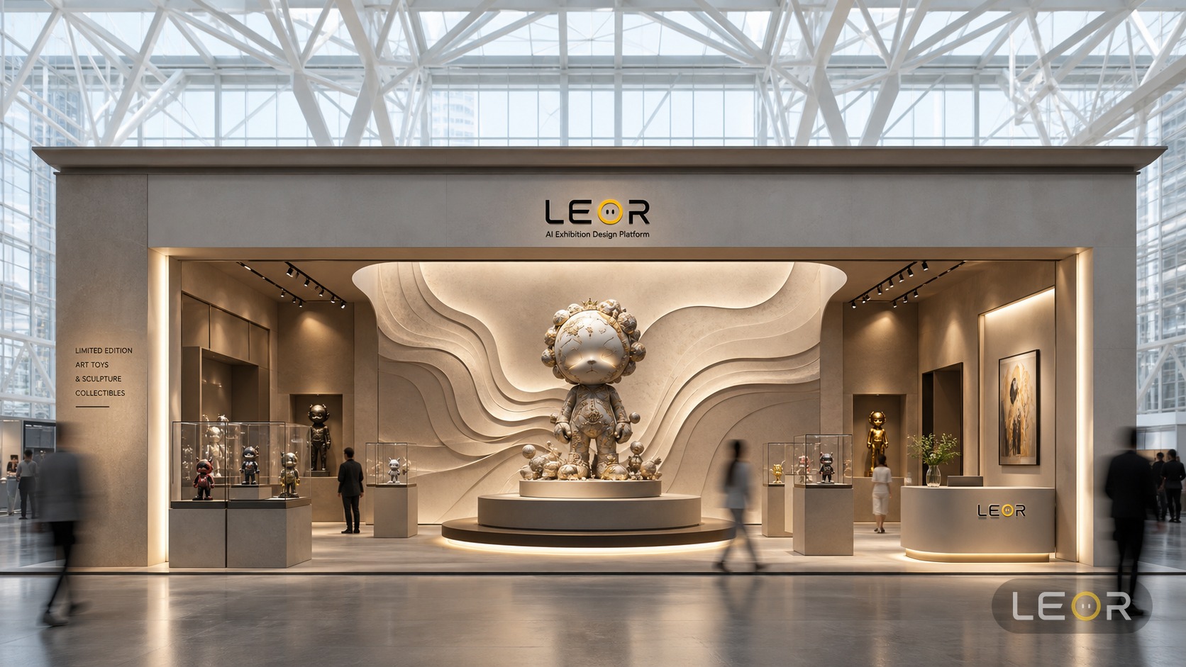 广告传媒/文创办公展 12m x 8m = 96㎡ 高级艺术策展风 AI展台设计效果图