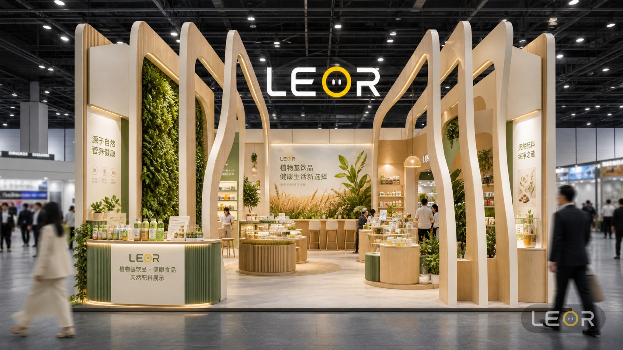 食品饮料/餐饮展 12m x 8m = 96㎡ 生态自然风 AI展台设计效果图