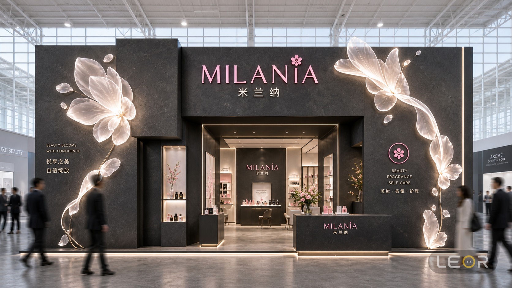 美博会/美妆个护展 12m x 8m = 96㎡ 高端轻奢 AI展台设计效果图